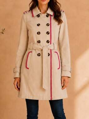 Esprit Y2K Beige Hot Pink Trim Double Breasted Belted Trench Coat Small